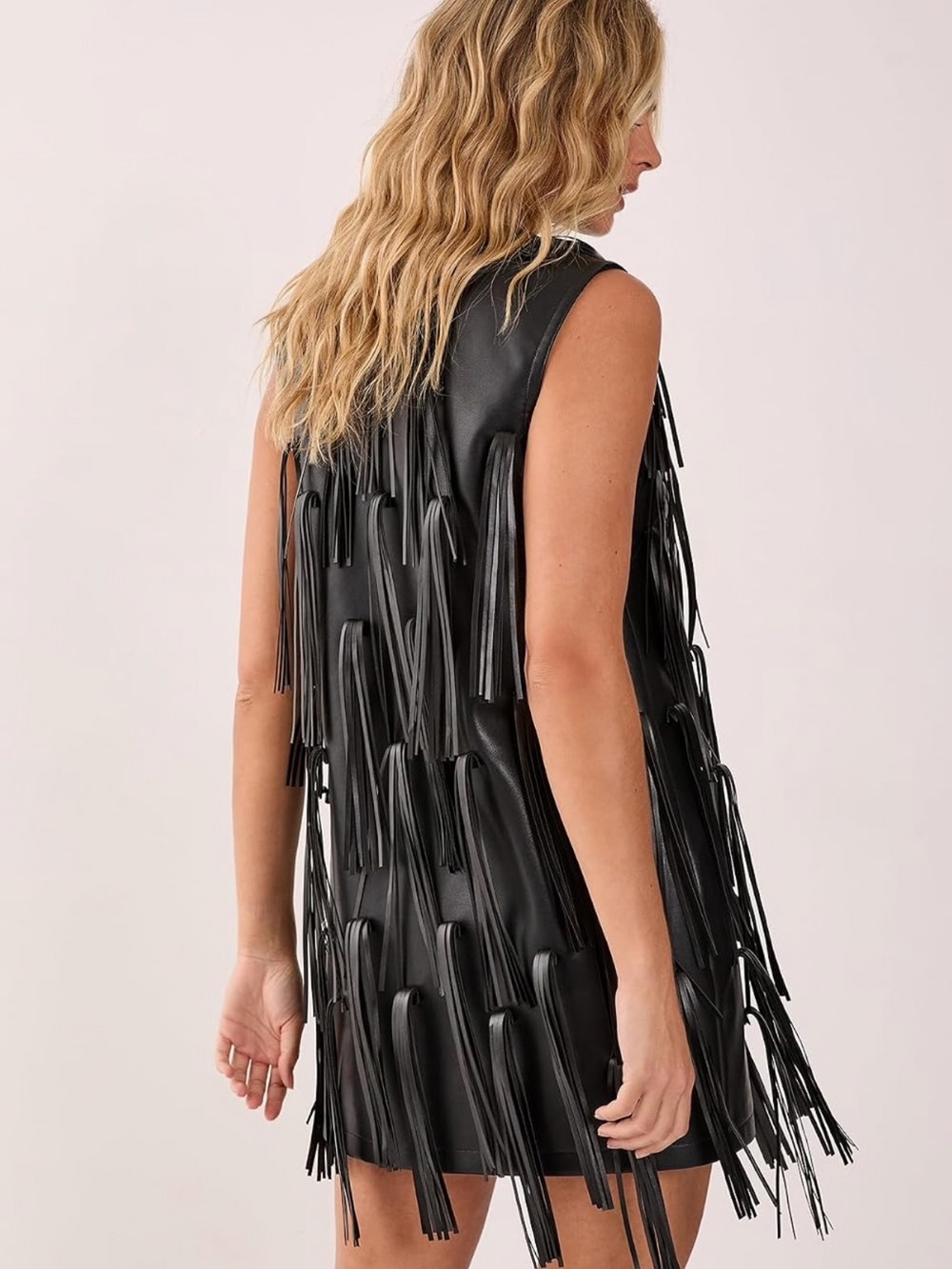 Nasty Gal Black Leather-Look Fringe V-Neck Mini Dress Size 4 - Picture 3 of 6
